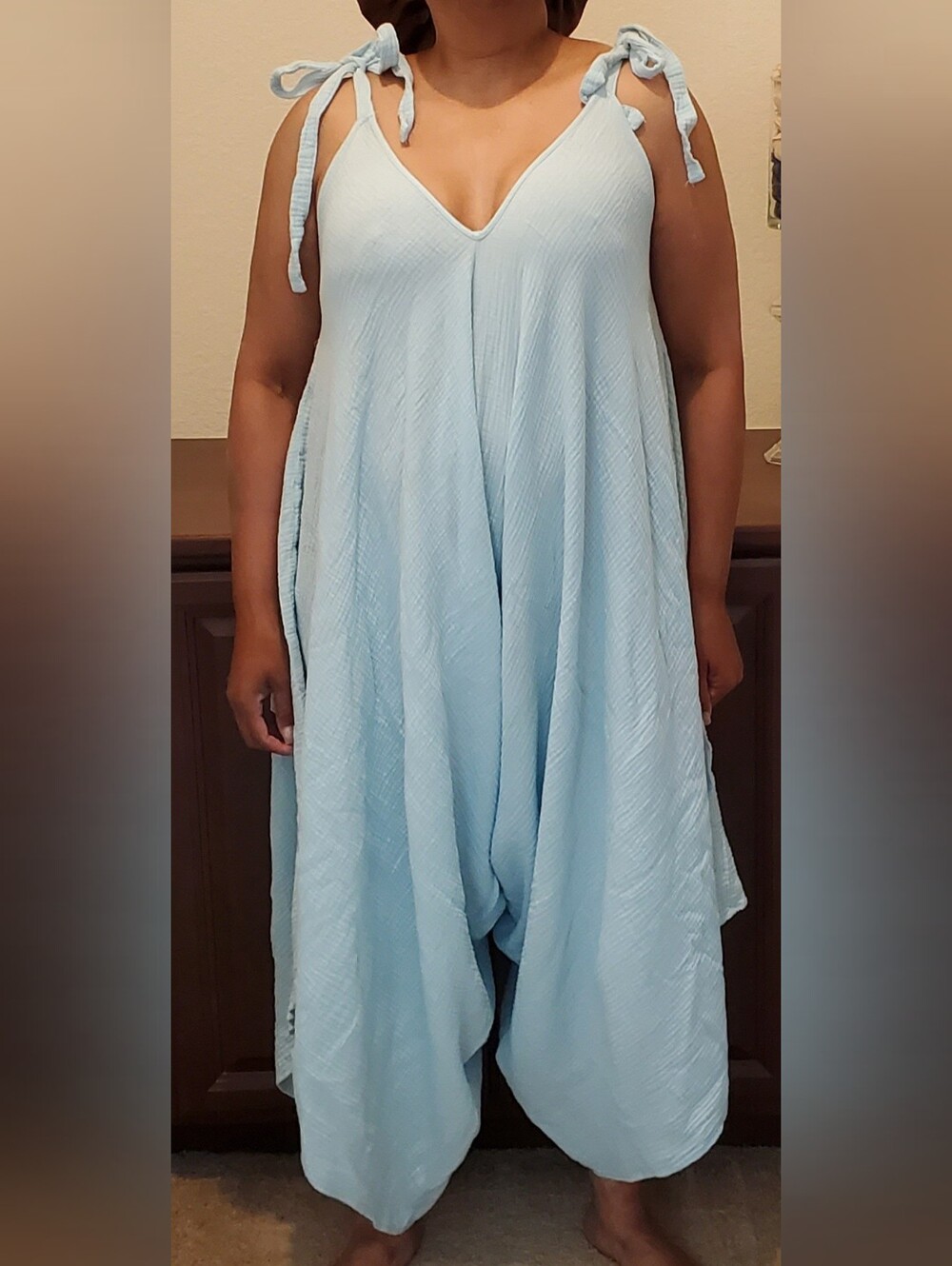 Light Blue Tie-Shoulder Cotton Gauze Jumpsuit
